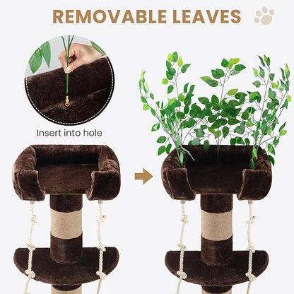 SHA CERLIN 55 Inches Cat Tree Tower with Leaves/Cozy Perches with Scratching Post for Indoor Kittens and Adults Cats/Sisal Rope and Simulated Lawn with Wide Base/Brown &amp; Green