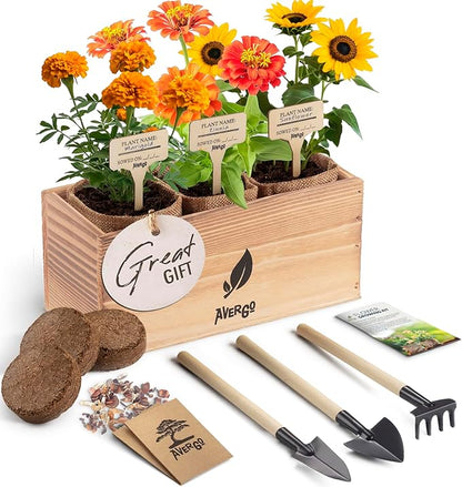 Sunflower, Marigold &amp; Zinnia Flower Seeds Growing Kit – Complete Indoor &amp; Outdoor Kit with Seeds for Planting, Planters, Soil, Tools, Instructions – Ideal for Gift Giving