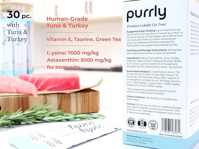 Purrly Lickable Cat Treat Healthy Human-Grade Tuna &amp; Turkey with L-Lysine &amp; Astaxanthin for Immunity (30 Count) Soft Healthy Low Calorie Hydrating Interactive Snack