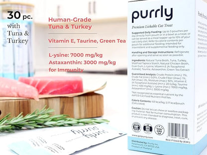 Purrly Lickable Cat Treat Healthy Human-Grade Tuna &amp; Turkey with L-Lysine &amp; Astaxanthin for Immunity (30 Count) Soft Healthy Low Calorie Hydrating Interactive Snack