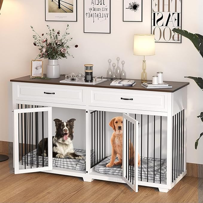 Large Dog Crate with Double Rooms, 72" Heavy Duty Wooden Dog Cage Furniture Dog Crate Kennel with Drawers &amp; Removable Divider,Indoor Luxury Dog House for Large Dogs,White