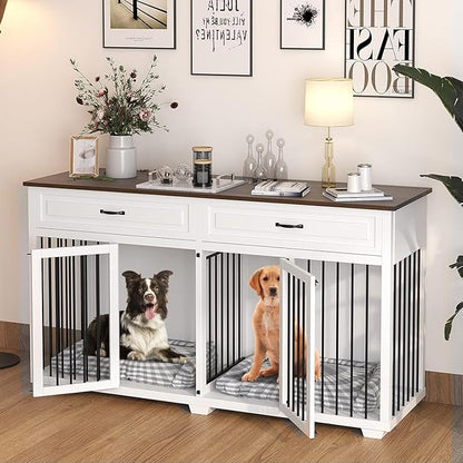 Large Dog Crate with Double Rooms, 72" Heavy Duty Wooden Dog Cage Furniture Dog Crate Kennel with Drawers &amp; Removable Divider,Indoor Luxury Dog House for Large Dogs,White