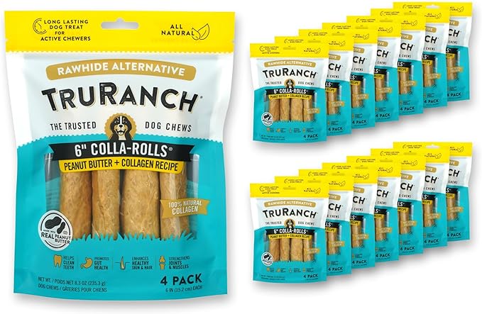 Collagen Rolls - 6" Collagen Rolls for Dogs - Long Lasting Healthy Joint Support - Rawhide Alternative - Skin &amp; Coat Health - Made with Real Peanut Butter, Value Pack, 15 Bags, 60 Count