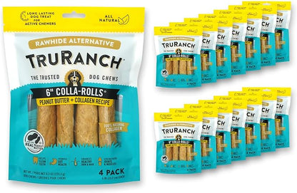 Collagen Rolls - 6" Collagen Rolls for Dogs - Long Lasting Healthy Joint Support - Rawhide Alternative - Skin &amp; Coat Health - Made with Real Peanut Butter, Value Pack, 15 Bags, 60 Count