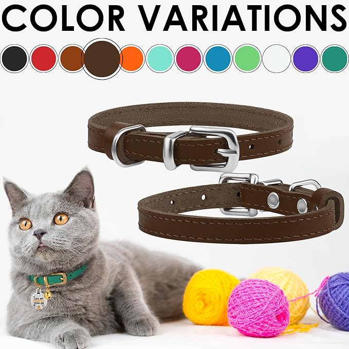 BRONZEDOG Leather Cat Collar with Removable Bells Non Breakaway Kitten QR Tag for Girl Boy (9" - 12" Cats/Mini Dogs, Brown &amp; Silver)