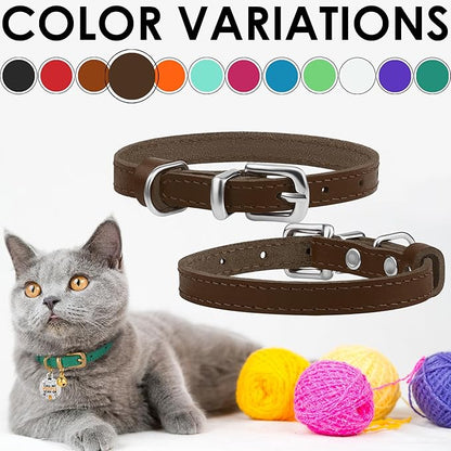 BRONZEDOG Leather Cat Collar with Removable Bells Non Breakaway Kitten QR Tag for Girl Boy (9" - 12" Cats/Mini Dogs, Brown &amp; Silver)