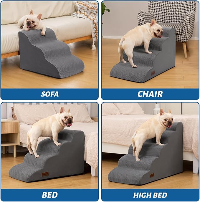 4-Step Dog Stairs and Ramp for Beds or Couches – Non-Slip Sturdy Pet Steps for Small Dogs and Cats,17.4" H,Grey