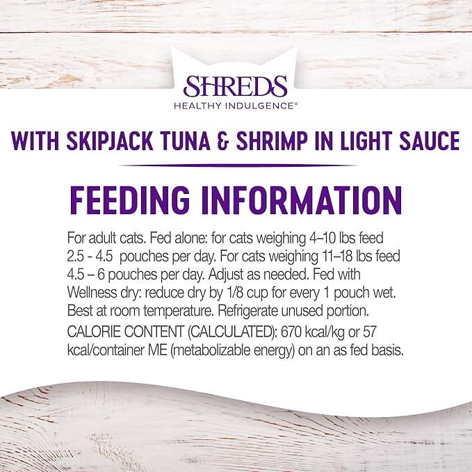 Wellness Healthly Indulgence Shreds Adult Wet Cat Food, Natural, Protein-Rich, Grain Free, 3 Ounce Pouch, 24 Pack, (Tuna &amp; Shrimp)