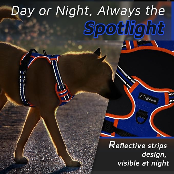 Eagloo Dog Harness for Large Dogs, No Pull Service Vest with Reflective Strips and Control Handle, Adjustable and Comfortable for Walking, No Choke Pet Harness with 2 Metal Rings, Blue &amp; Orange, L