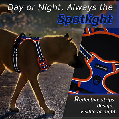 Eagloo Dog Harness for Large Dogs, No Pull Service Vest with Reflective Strips and Control Handle, Adjustable and Comfortable for Walking, No Choke Pet Harness with 2 Metal Rings, Blue &amp; Orange, XL
