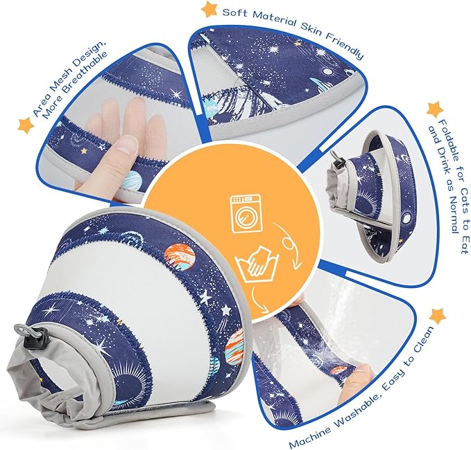 Breathable Air Mesh Cat Cone Collar Soft to Stop Licking, Adjustable, Foldable Lightweight Kitten Cones After Surgery Recovery for Cats &amp; Kittens (Star Blue, L)