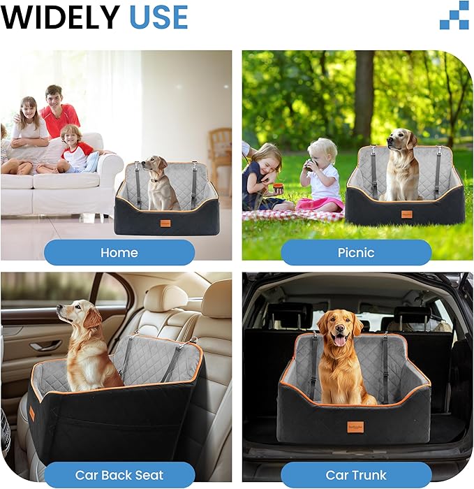 Dog Car Seat for Medium Dogs - Pet Car Seat with 2 Safety Straps &amp; Waterproof Padding, Portable Pet Carrier for Cars, Trucks &amp; SUVs, Comfortable Booster Bed for Pets Up to 55lbs (Black/Grey)