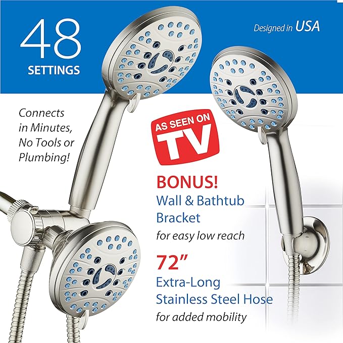 Hotel Spa AquaCare As-Seen-On-TV High Pressure 48-setting Rain &amp; Handheld 3-way Shower Head Combo - Anti-clog Nozzles/Tub, Tile &amp; Pet Power Wash/Extra Long 6 ft. Hose/Satin Nickel Finish