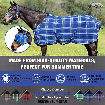 Kensington Fly Mask with Fleece Trim for Horses — Protects Face and Eyes from Flies and Sun Rays While Allowing Full Visibility — Breathable and Non Heat Transferring, Medium, Kentucky Blue