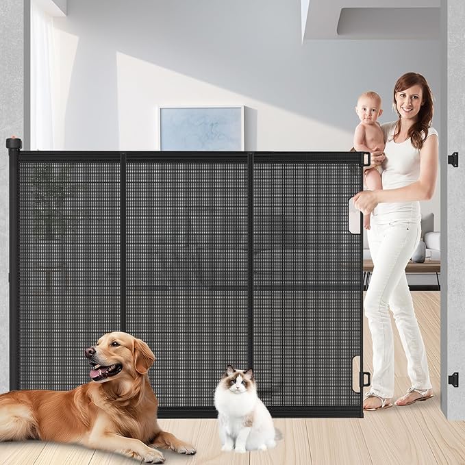 Extra Tall Retractable Baby Gates: 51" Tall Pet Gate, Extend up to 120" Wide, Mesh Baby Gate with Support Rods Jump-Proof Design for Cats &amp; Large Dogs High Dog Cat Door Indoor Outdoor, Black