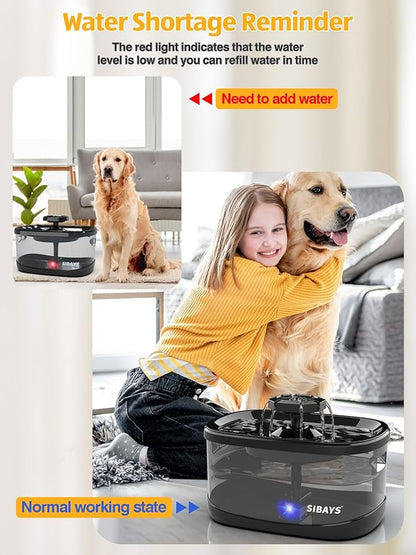 SIBAYS 2.5Gal/9.5L Dog Water Fountain, 3 Flow Modes Pet Water Fountain for Cats, Dog Water Bowl Dispenser with 7" Large Filter &amp; Ultra Quiet Pump, BPA-Free, Ideal for Large Dogs, Multi-pet(FS68)