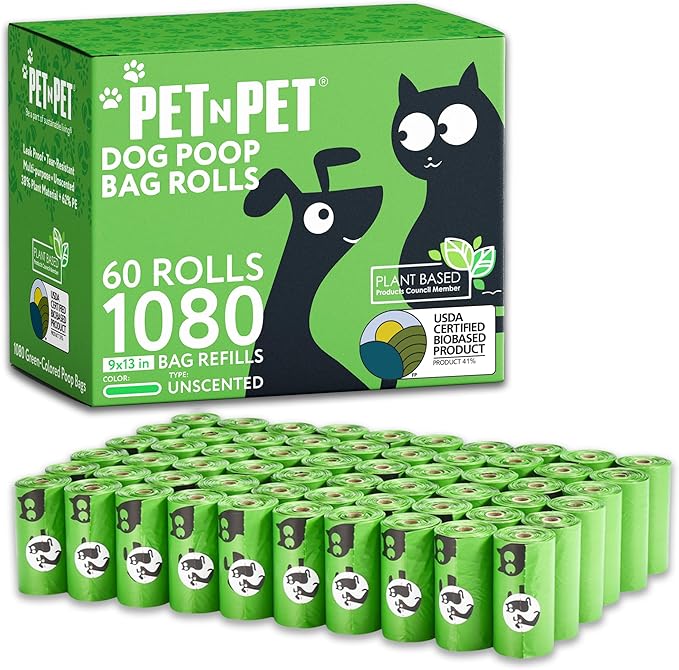 Pet N Pet 1080 Counts Green Poop Bags for Dogs, 41% Plant Based &amp; 59% PE Extra Thick Dog Poop Bags Rolls, 9" x 13", Unscented Pet Waste Bag