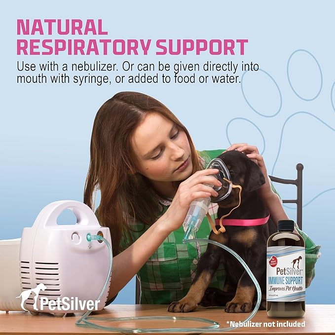 PetSilver Immune Support, Natural Nebulizer Solution, Promotes Respiratory Health in Cats &amp; Dogs, Allergies, Sinus &amp; Cough Treatment, Easy to Use, Patented Chelated Silver, Made in The USA, 16 fl oz