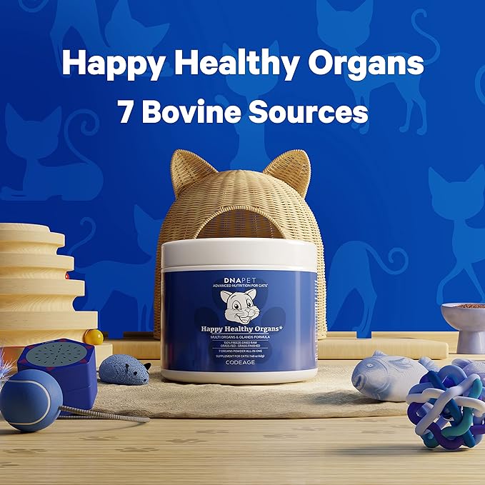Happy Healthy Organs &amp; Glands Supplement For Cats, Freeze-Dried Raw Bovine Liver Grass-Fed Bone Marrow Heart Kidney Pancreas, Bovine Thymus Iron Multi Organ Powder, Joints Cat Vitamins 1.48 oz