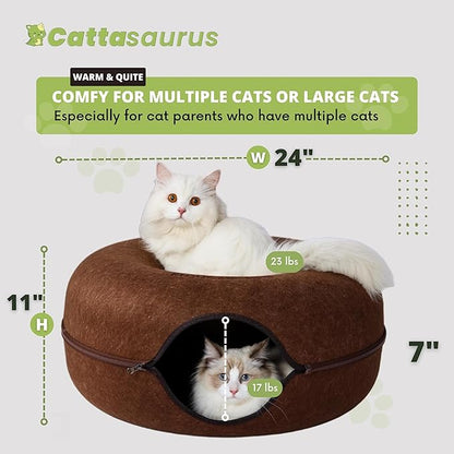 Cattasaurus Peekaboo Cat Cave for Multiple &amp; Large Cats Up to 30-45 Lbs, Scratch Detachable &amp; Washable Tunnel Bed, Comfy Donut Cat Cave (Brown, Large)