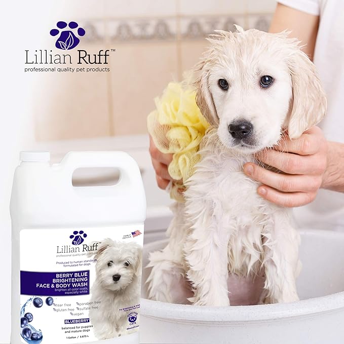Lillian Ruff PRO Formula Berry Blue Brightening Pet Shampoo - Ultra-Hydrating Professional Whitening Dog Shampoo, Vivid Show-Quality Coat Enhancer, Tear Stain &amp; Odor Eliminator - Vitamin B5 (Gallon)