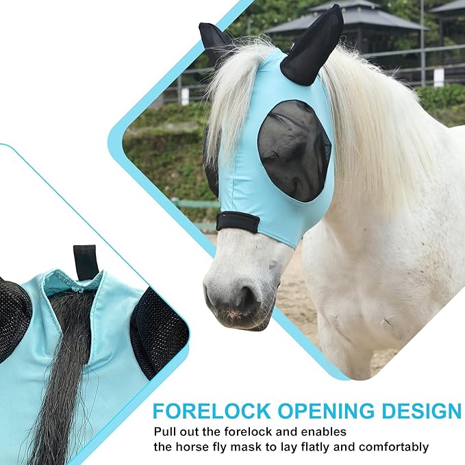 Stretchy Horse Fly Mask for Horses, Soft Lycra Equine Mesh Mask, Elasticity Horse Face Covering, Breathable&amp;UV Protection, Pacific Blue, Cob