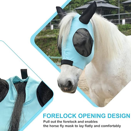 Stretchy Horse Fly Mask with Ears, Soft Lycra Equine Mesh Mask with UV Protection Face Cover, Pacific Blue, Full