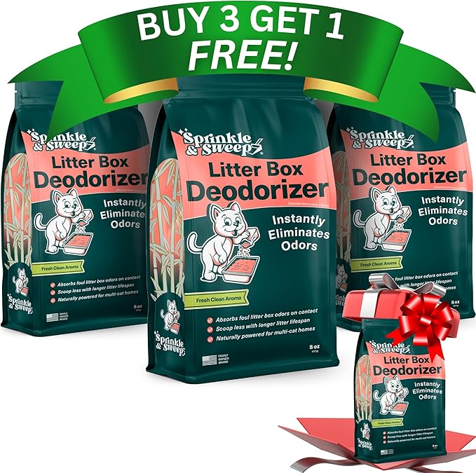 Sprinkle &amp; Sweep Litter Box Deodorizer - Cat Litter Deodorizer Non Toxic and Safe for Kittens - Instantly Eliminates Foul Smells and Urine Odors (Pack of 4)