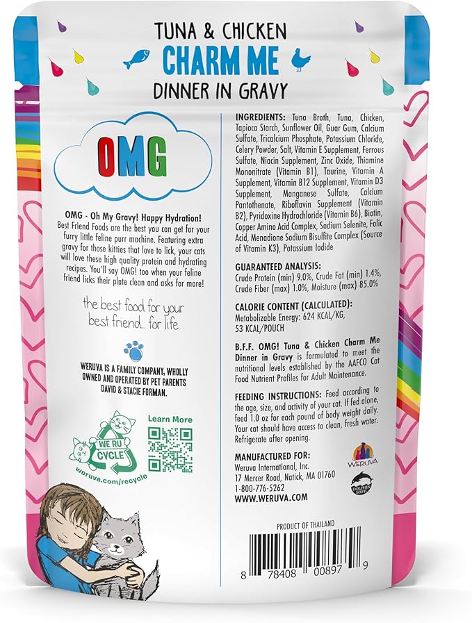 Weruva B.F.F. OMG - Best Feline Friend Oh My Gravy! Tuna &amp; Chicken Charm Me with Tuna &amp; Chicken in Gravy Cat Food, 3oz Pouch (Pack of 12)