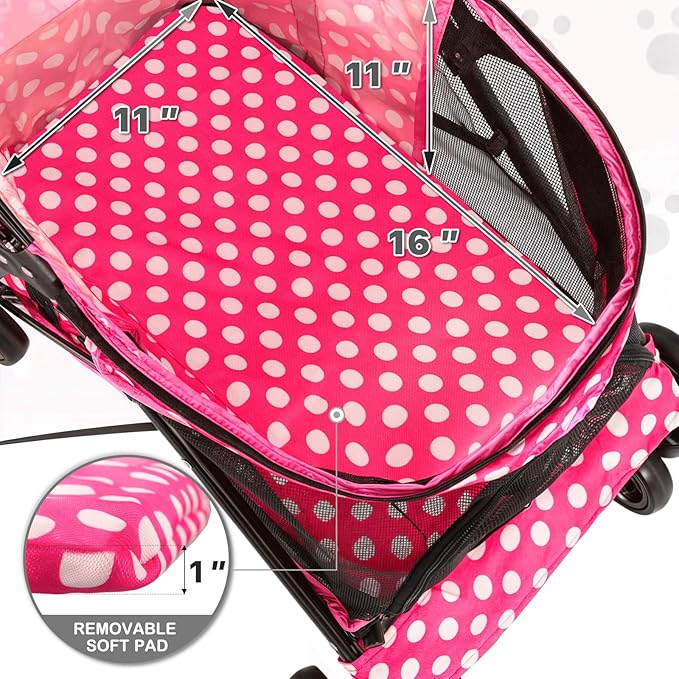 MoNiBloom 4 Wheels Pet Stroller, Easy-Fold Umbrella Shaped Dog Cat Jogger Stroller w/Storage Bag &amp; Visible Mesh for Small/Medium Dogs Cats Hot Pink Polka Dots