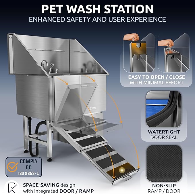 KANIS Professional Stainless Steel Dog Bathing Station - Grooming Tub w/Ramp, Storage Drawer, Floor Grate &amp; Faucet/Dog Bathtub for Large, Medium &amp; Small Pets (40", 1 Drawer - Left RAMP)