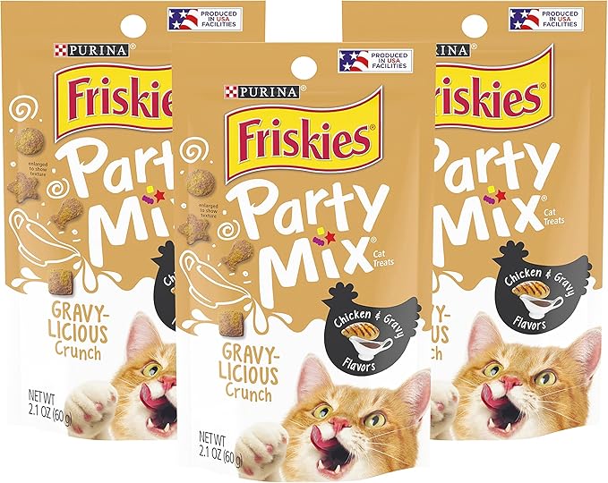 Purina Friskies Party Mix Cat Treats, Gravy-Licious Crunch with Chicken &amp; Gravy Flavors, Crunchy Treats for Cats, 2.1 Ounce Resealable Pouch (Pack of 3)