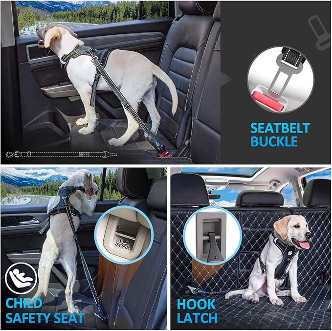 Dog Seat Belt 3-in-1 Car Harness for Dogs Adjustable Safety Seatbelt for Car Nylon Reflective Bungee Fabric Dog Car Harness with Clip Hook Latch &amp; Buckle, Swivel Zinc Alloy Carabiner (Black)
