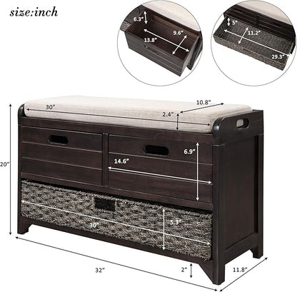 Storage Bench with Removable Basket 2 Drawers Fully Assembled Acacia Wood Shoe Bench Standing Shoe Rack Removable Cushion for Living Room, Entrance Hallway, No Assembly Required Espresso