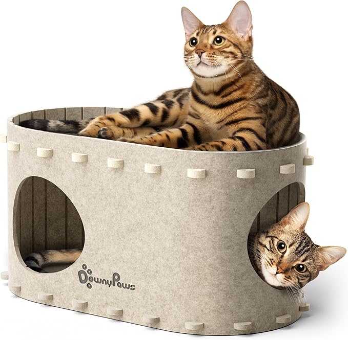DownyPaws Cat House for Indoor Cats, Cat Bed Cave for Multiple &amp; Large Cats Up to 22 Lbs, Scratch Resistant, Foldable Peekaboo Kitten Caves Tunnel Enclosed Bed, PeekaPurr, Cream