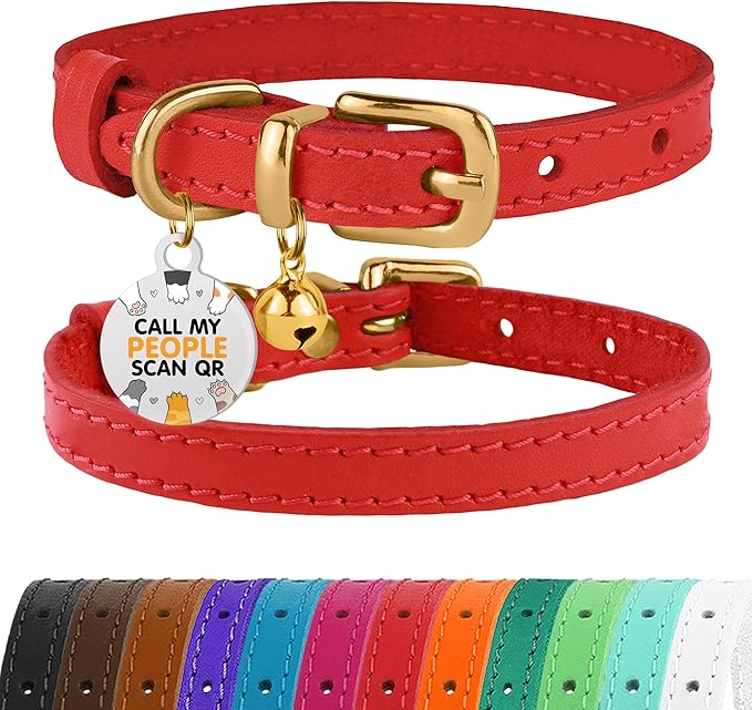 BRONZEDOG Leather Cat Collar with Removable Bells Non Breakaway Kitten QR Tag for Girl Boy (9" - 12" Cats/Mini Dogs, Red &amp; Gold)