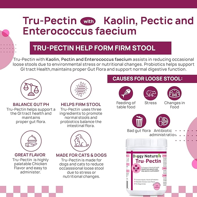 Tru-Pectin Anti-Diarrheal for Dogs &amp; Cats, 250 Tablets– Chicken Liver Flavor –Helps Reduce Occasional Loose Stool &amp; Diarrhea, Balance Gut pH, Support Normal Digestion &amp; Gut Flora -Made in USA