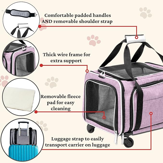 Airline Approved Expandable Premium Pet Carrier on Wheels- Two Sided Rolling Carrier- Designed for Dogs &amp; Cats- Extra Spacious Soft Lined Carrier! - Pink (RL-PET-CARRIER-WHEELS)