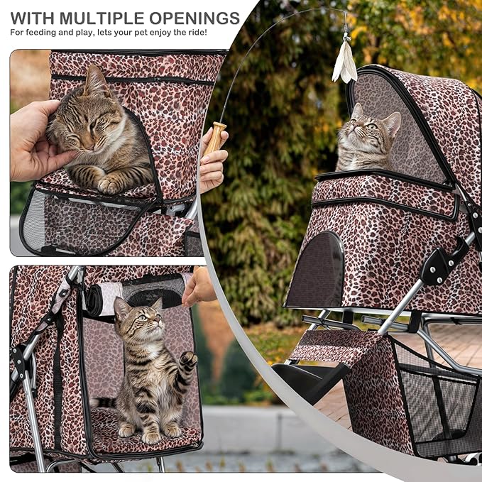 MoNiBloom 3 Wheels Pet Dog Cat Stroller for Small Medium Dogs Cats, Lightweight Foldable Jogger Stroller w/Storage Basket &amp; Cup Holder, Leopard Print