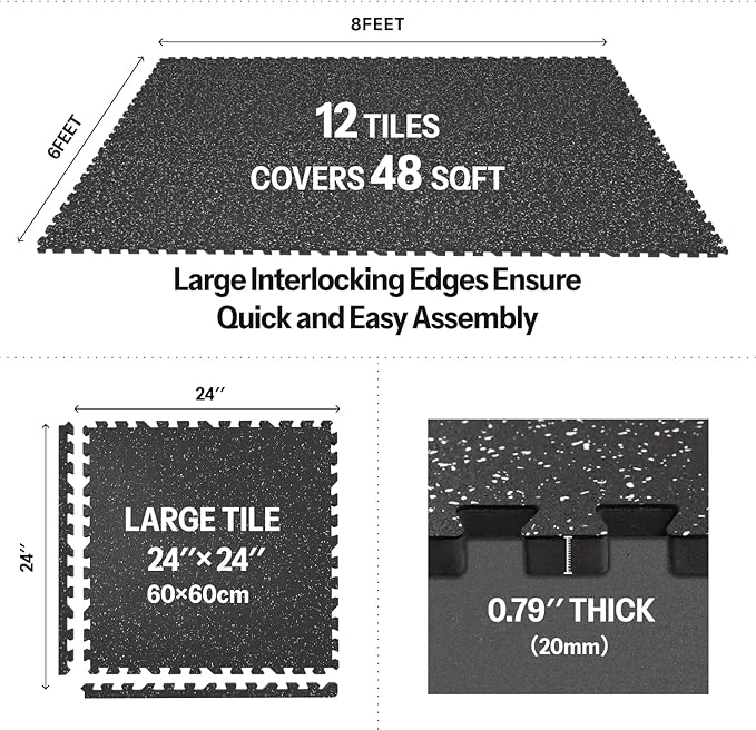 AIRHOP 0.79in Thick 48 Sq Ft Exercise Equipment Mats, 12 Tiles Upgraded Rubber Top with High Density EVA Foam, Large Interlocking Puzzle Gym Flooring for Home Gym, Heavy Weight Workout,Black &amp; White