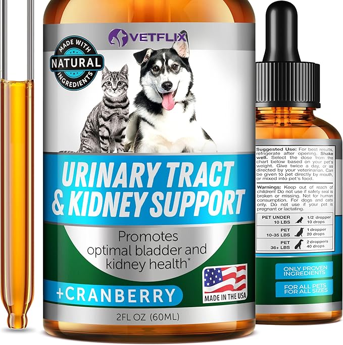 Cranberry Dog &amp; Cat UTI Treatment - Best UTI for Pets - Made in USA - Dog &amp; Cat Kidney Support - Cat Bladder Drops - Pet Immune Health Supplement - Marshmallow, Dandelion Root, Pumpkin Seed - 2 Fl Oz