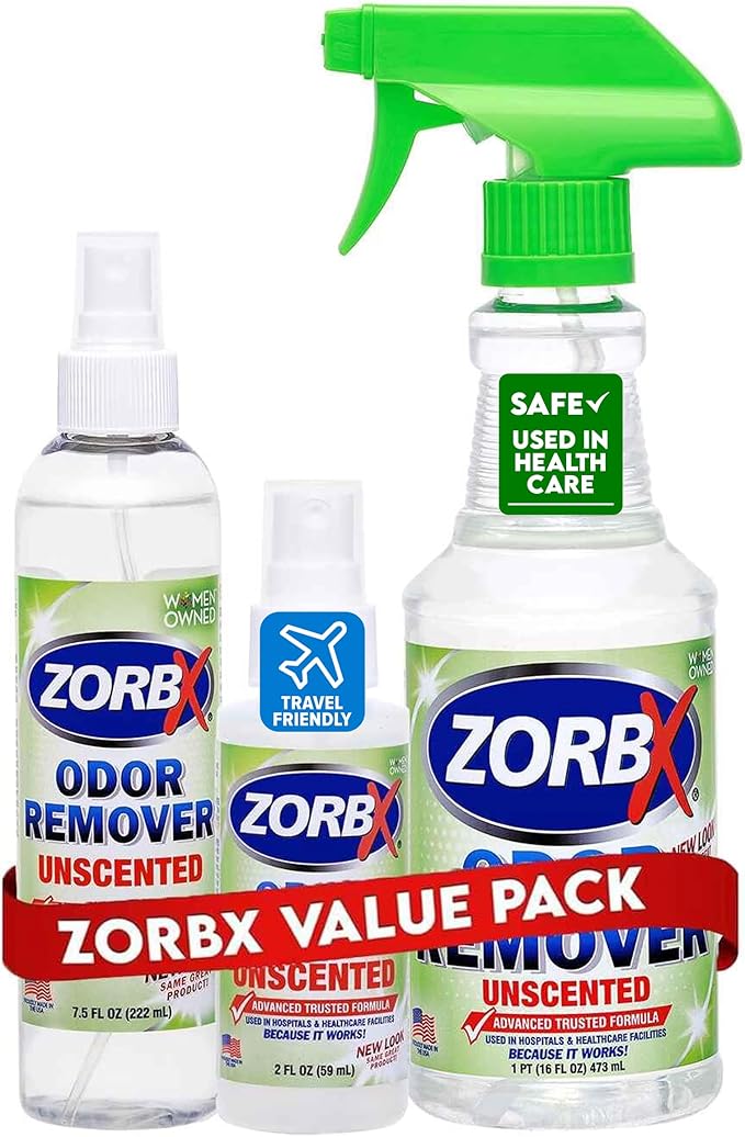 ZORBX Unscented Odor Eliminator for Strong Odor 16 Oz + 7.5 Oz + 2 Oz - Used in Hospitals &amp; Healthcare Facilities - Advanced Formula, Fast-Acting Odor Remover Spray for Dog, Cat, House &amp; Carpet