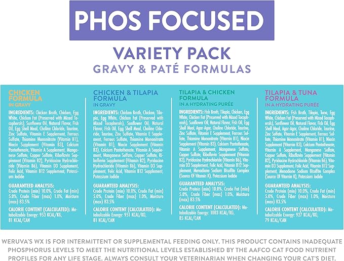 Weruva Wx Phos Focused, Pate &amp; Gravy Formulas Variety Pack, 3oz Can (Pack of 12)