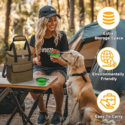 Dog Travel Bag for Camping - Pet Travel Accessories with 2 Collapsible Bowls, 2 Food Containers &amp; Waterproof Feeding Mat - Portable Dog Carrier, Coffee (Small)