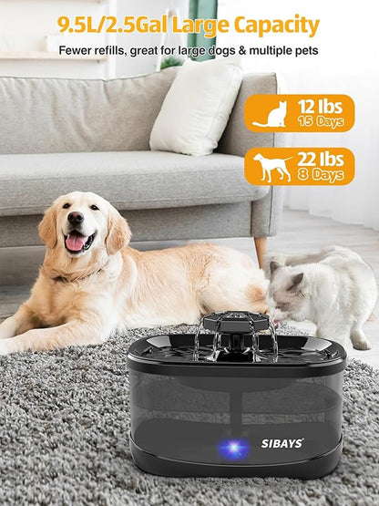 SIBAYS 2.5Gal/9.5L Dog Water Fountain, 3 Flow Modes Pet Water Fountain for Cats, Dog Water Bowl Dispenser with 7" Large Filter &amp; Ultra Quiet Pump, BPA-Free, Ideal for Large Dogs, Multi-pet(FS68)