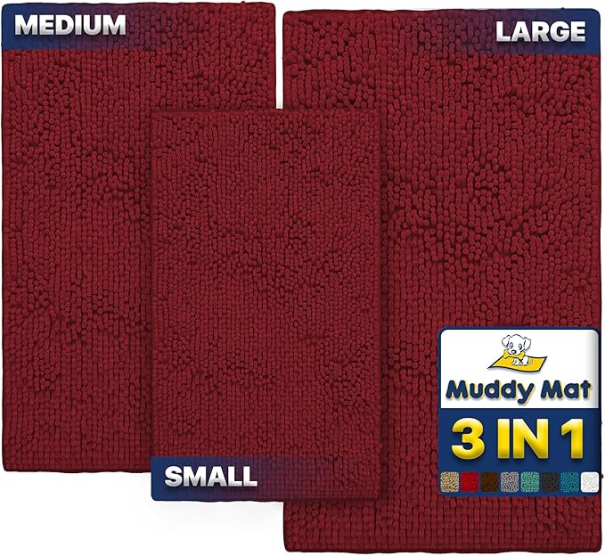 Muddy Mat® Pack of 3 Highly Absorbent Microfiber Dog Door Mat and Pet Rug, Non Slip Thick Washable Area Mat Soft Chenille for Kitchen Bathroom Bedroom and Outdoor - Red Small, Medium &amp; Large