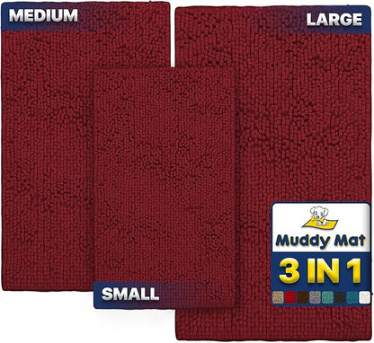Muddy Mat® Pack of 3 Highly Absorbent Microfiber Dog Door Mat and Pet Rug, Non Slip Thick Washable Area Mat Soft Chenille for Kitchen Bathroom Bedroom and Outdoor - Red Small, Medium &amp; Large