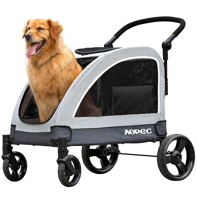 Large Dog Stroller - Dual Entry Safety Folding Pet Stroller with Adjustable Handle, All-Terrain 4-Wheel, 160 lbs Weight Capacity for Travel &amp; Outdoor Adventures - Gray