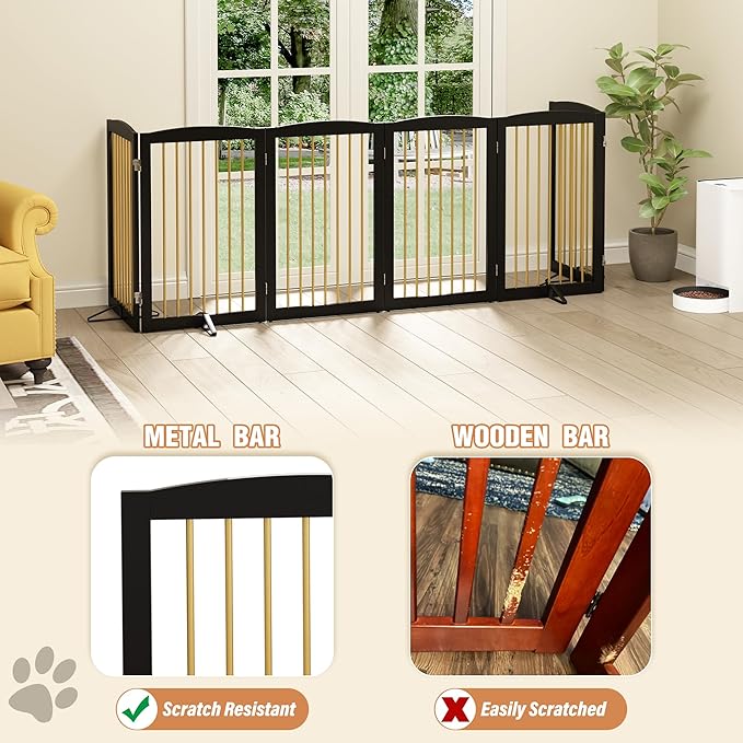 Freestanding Pet Gate for Dogs, Indoor Wooden Dog Gate for House, Extra Wide Dog gate, Foldable Dog Gate for Stair, Doorway, Hall, Support Feet Included, 120 Inch Wide, 6 Panels 32",Black&amp;Gold