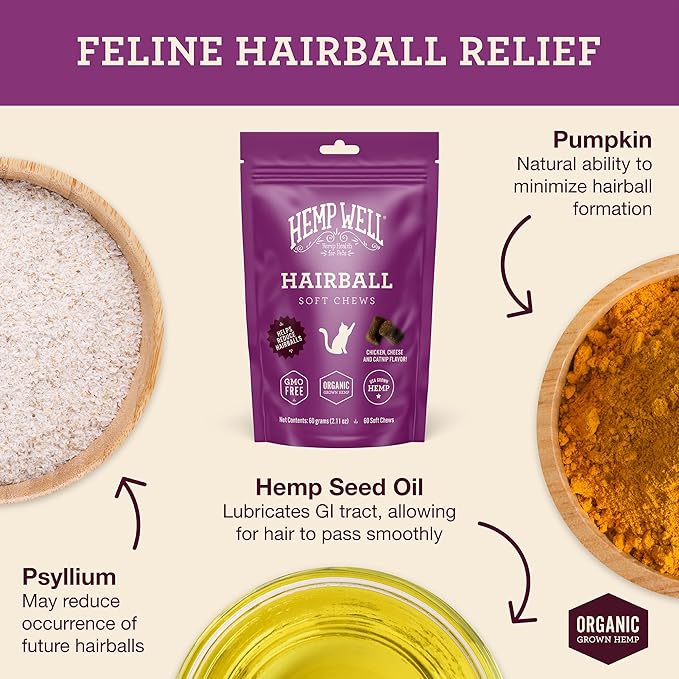 Hemp Well Cat Hairball Soft Chews for Cats, Organic USA Grown, Chicken Cheese &amp; Catnip Flavor!